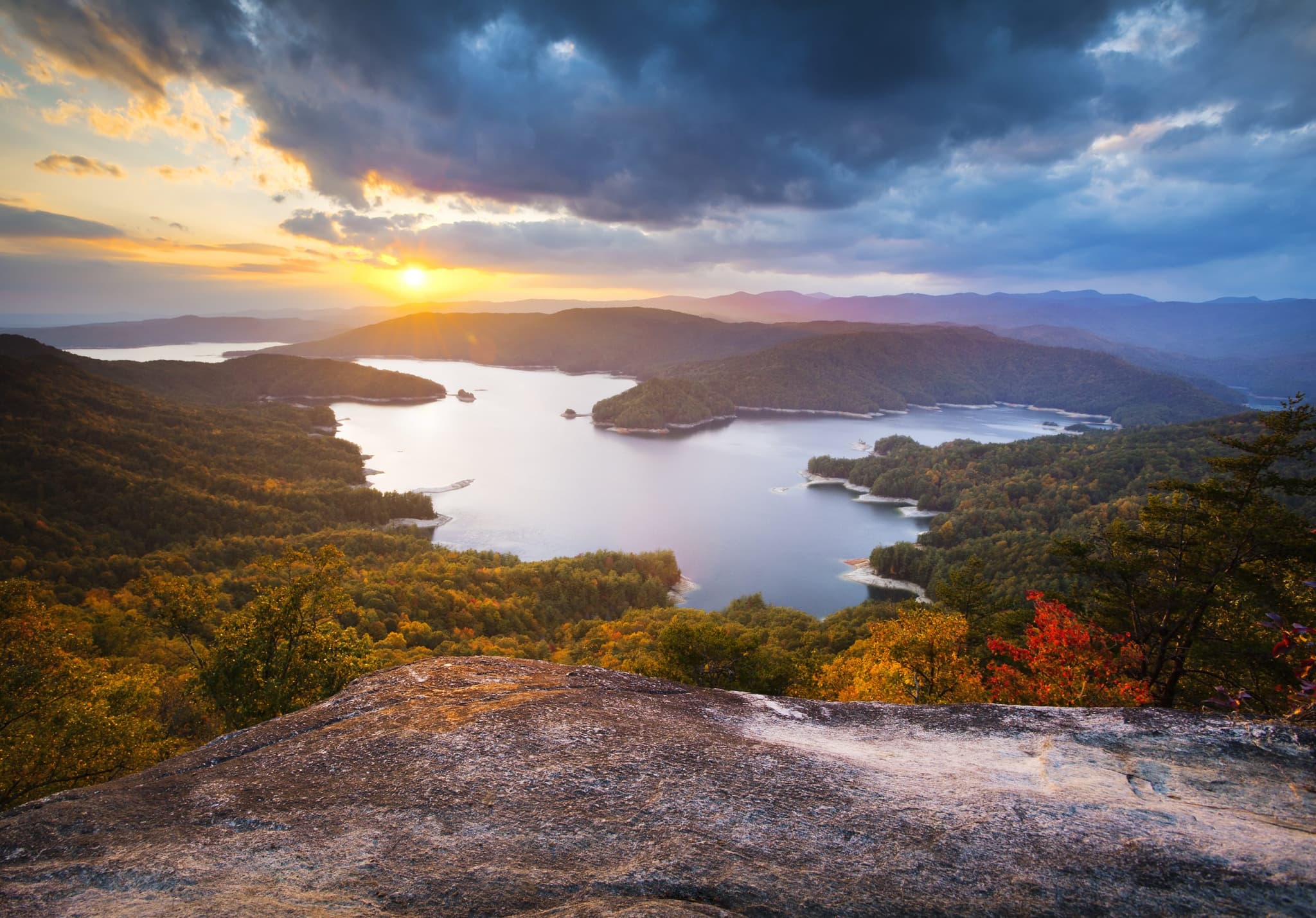 Sunset over Lake Jocassee from mountain overlook