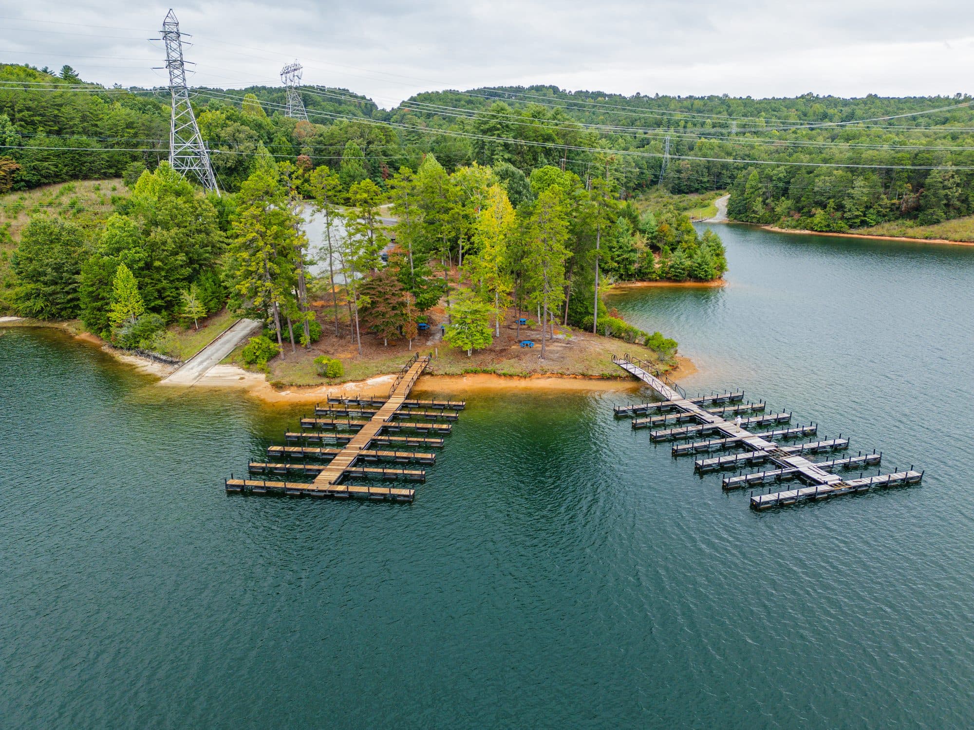 Aerial view of the private boat landing on Lake Keowee